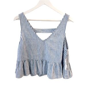 Abound Linen Blend V-Neck Blue & White Stripe Tank Ruffle Denim Crop Sz M NEW